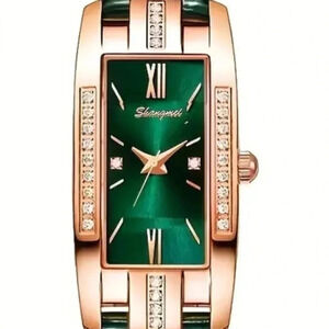Luxury Women's Square Rose Golden Watch Green Leather Fashion Watch Women's.NWT